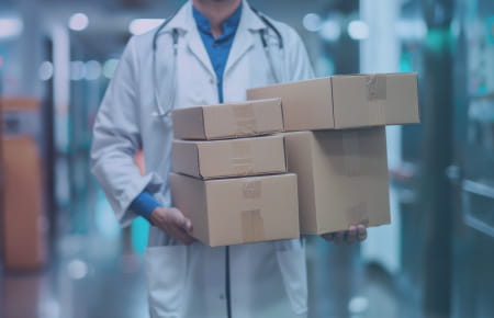 Doctor holding shipping boxes